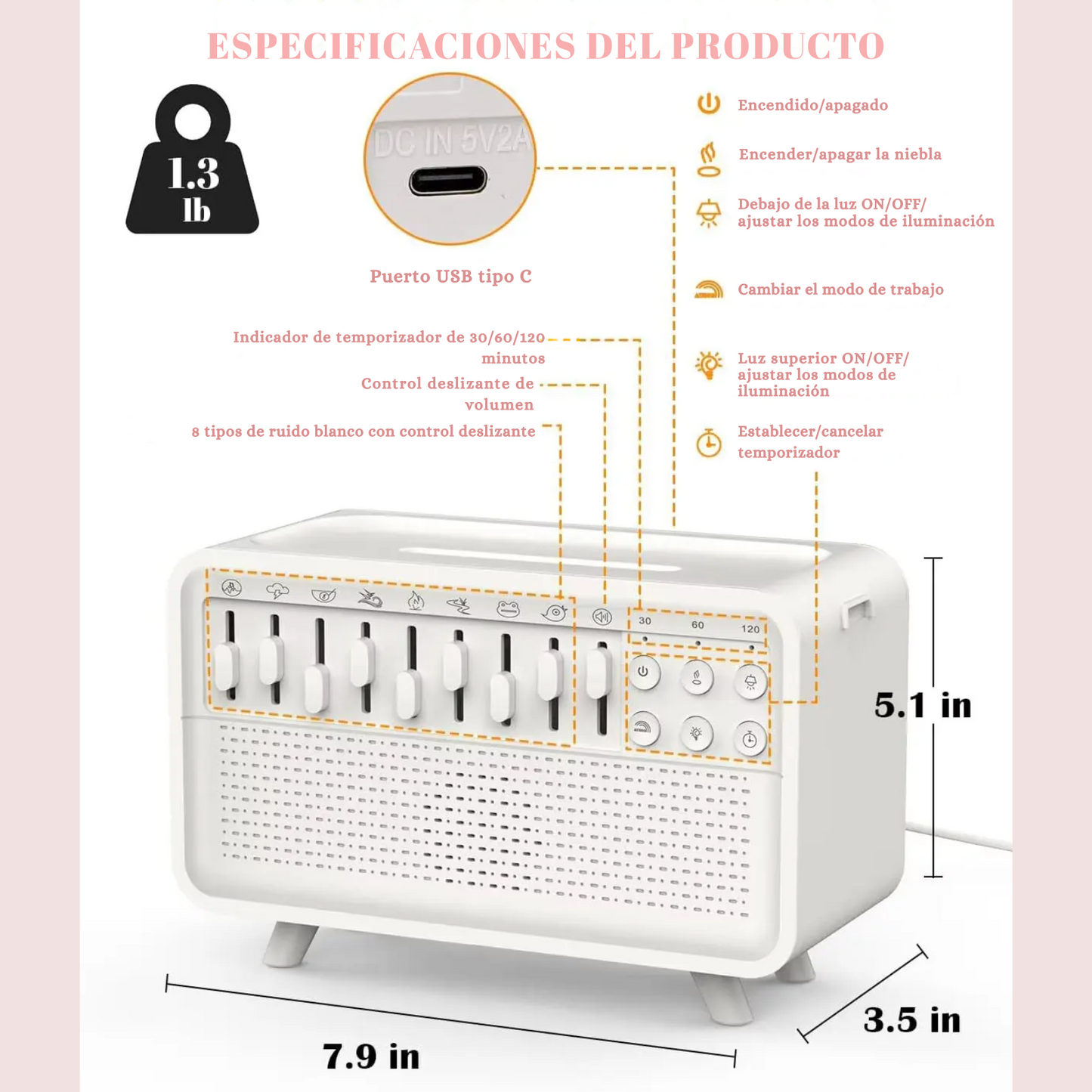 Humidificador de Aroma con Ruido Blanco y Luz LED Nocturna