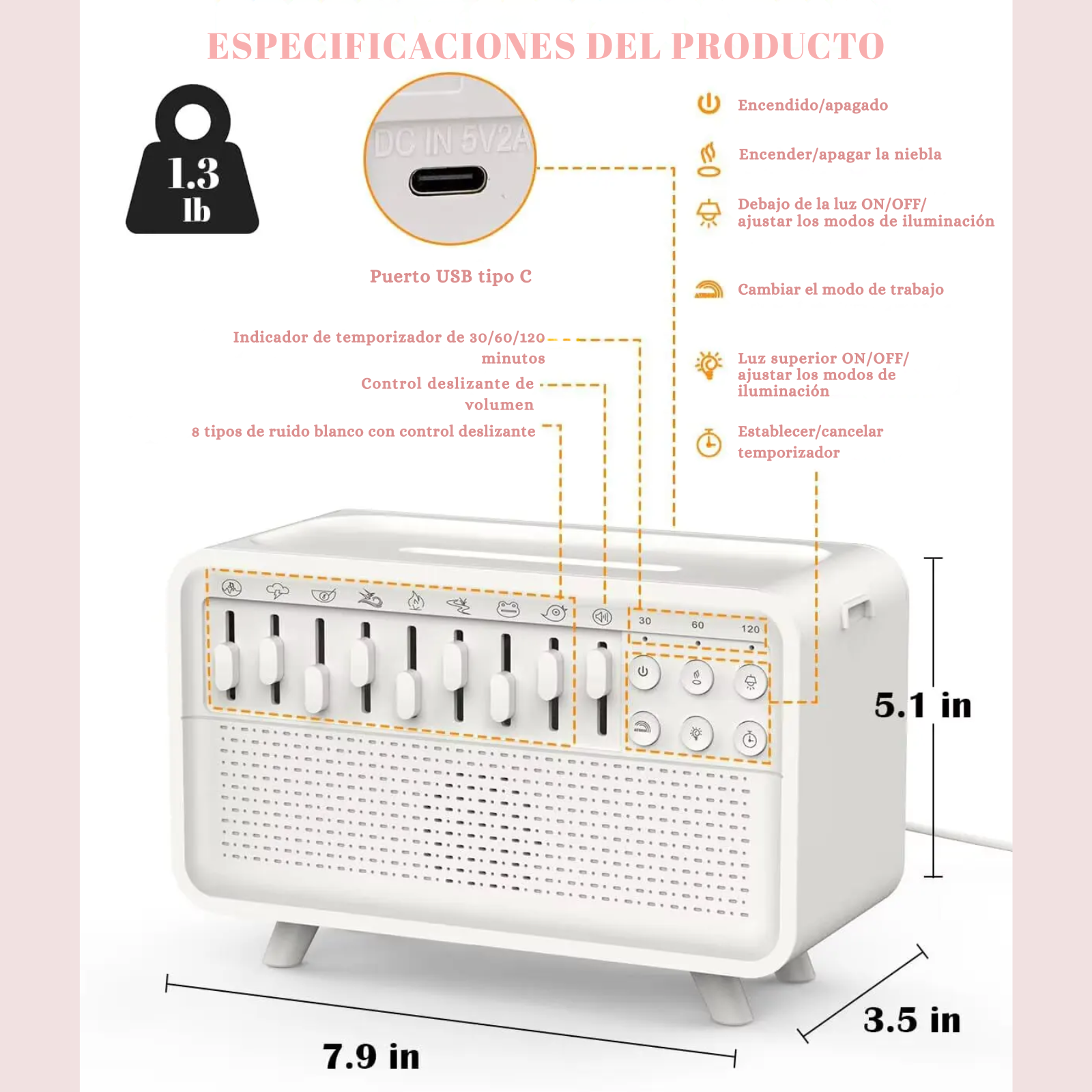 Humidificador de Aroma con Ruido Blanco y Luz LED Nocturna